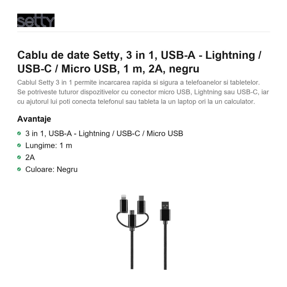 Cablu de date Setty, 3 in 1, USB-A - Lightning / USB-C / Micro USB, 1 m, 2A, negru [2]