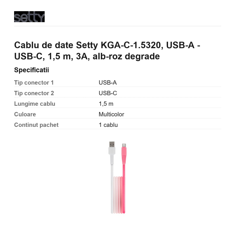Cablu de date Setty KGA-C-1.5320, USB-A - USB-C, 1,5 m, 3A, alb-roz degrade [3]
