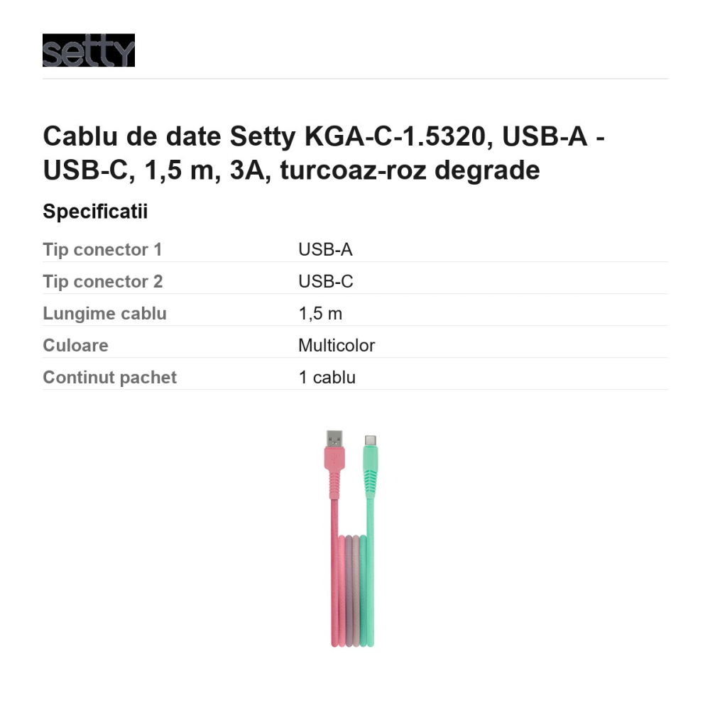 Cablu de date Setty KGA-C-1.5320, USB-A - USB-C, 1,5 m, 3A, turcoaz-roz degrade [3]