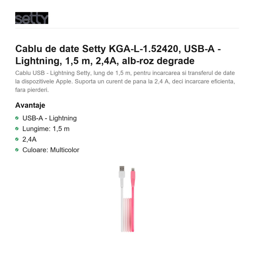 Cablu de date Setty KGA-L-1.52420, USB-A - Lightning, 1,5 m, 2,4A, alb-roz degrade [2]