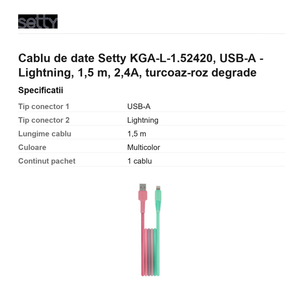 Cablu de date Setty KGA-L-1.52420, USB-A - Lightning, 1,5 m, 2,4A, turcoaz-roz degrade [3]