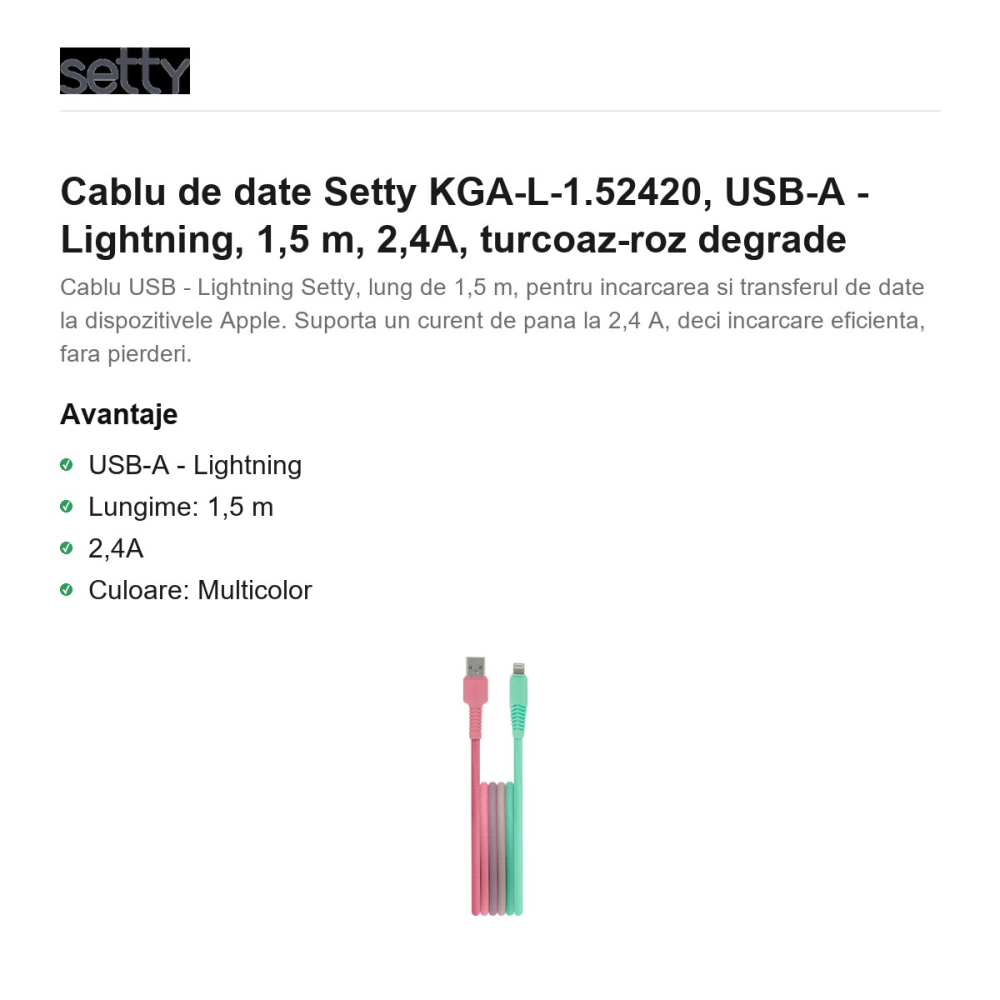 Cablu de date Setty KGA-L-1.52420, USB-A - Lightning, 1,5 m, 2,4A, turcoaz-roz degrade [2]