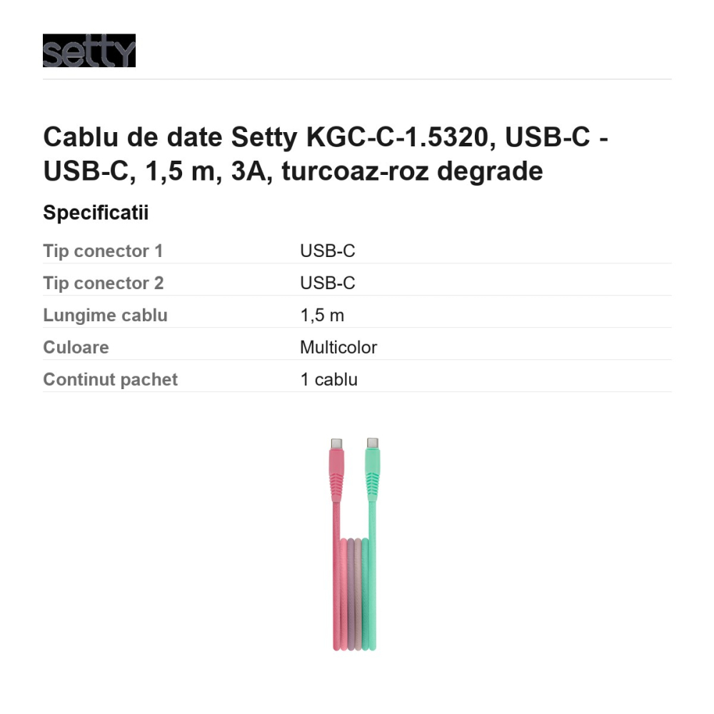 Cablu de date Setty KGC-C-1.5320, USB-C - USB-C, 1,5 m, 3A, turcoaz-roz degrade [3]