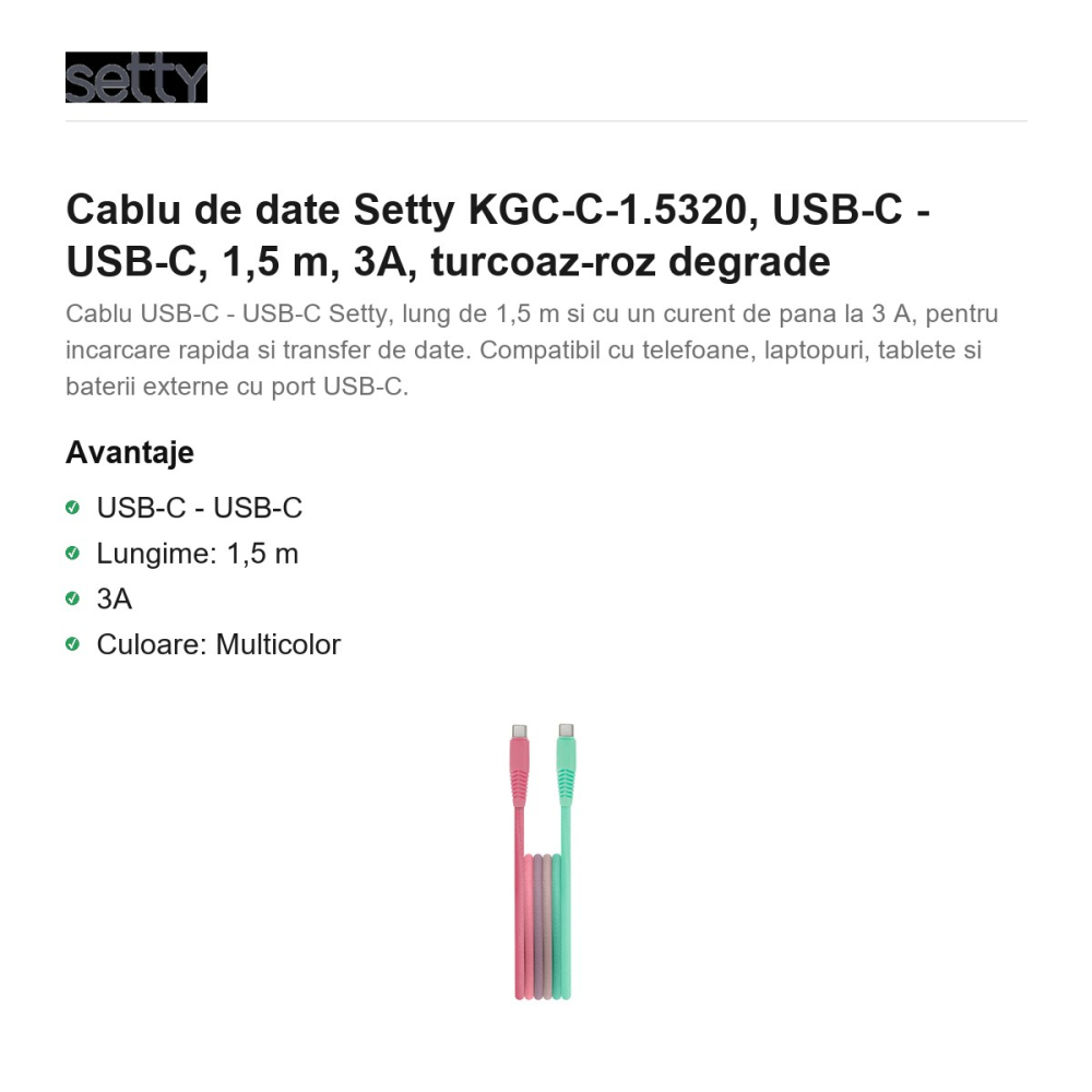 Cablu de date Setty KGC-C-1.5320, USB-C - USB-C, 1,5 m, 3A, turcoaz-roz degrade [2]