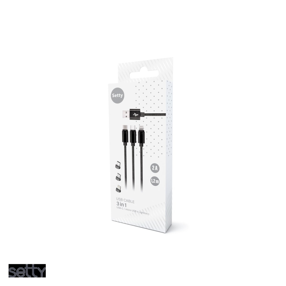 Cablu de date Setty KN3W1-01, 3 in 1, USB-A - Lightning / USB-C / Micro USB, 1 m, 2A, negru [4]