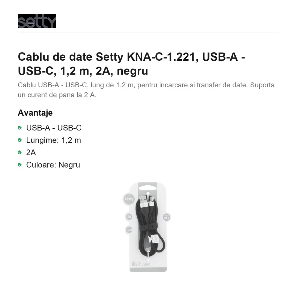 Cablu de date Setty KNA-C-1.221, USB-A - USB-C, 1,2 m, 2A, negru [2]