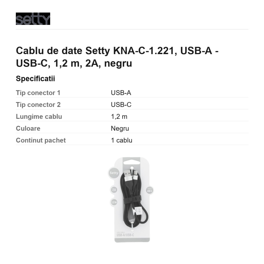 Cablu de date Setty KNA-C-1.221, USB-A - USB-C, 1,2 m, 2A, negru [3]