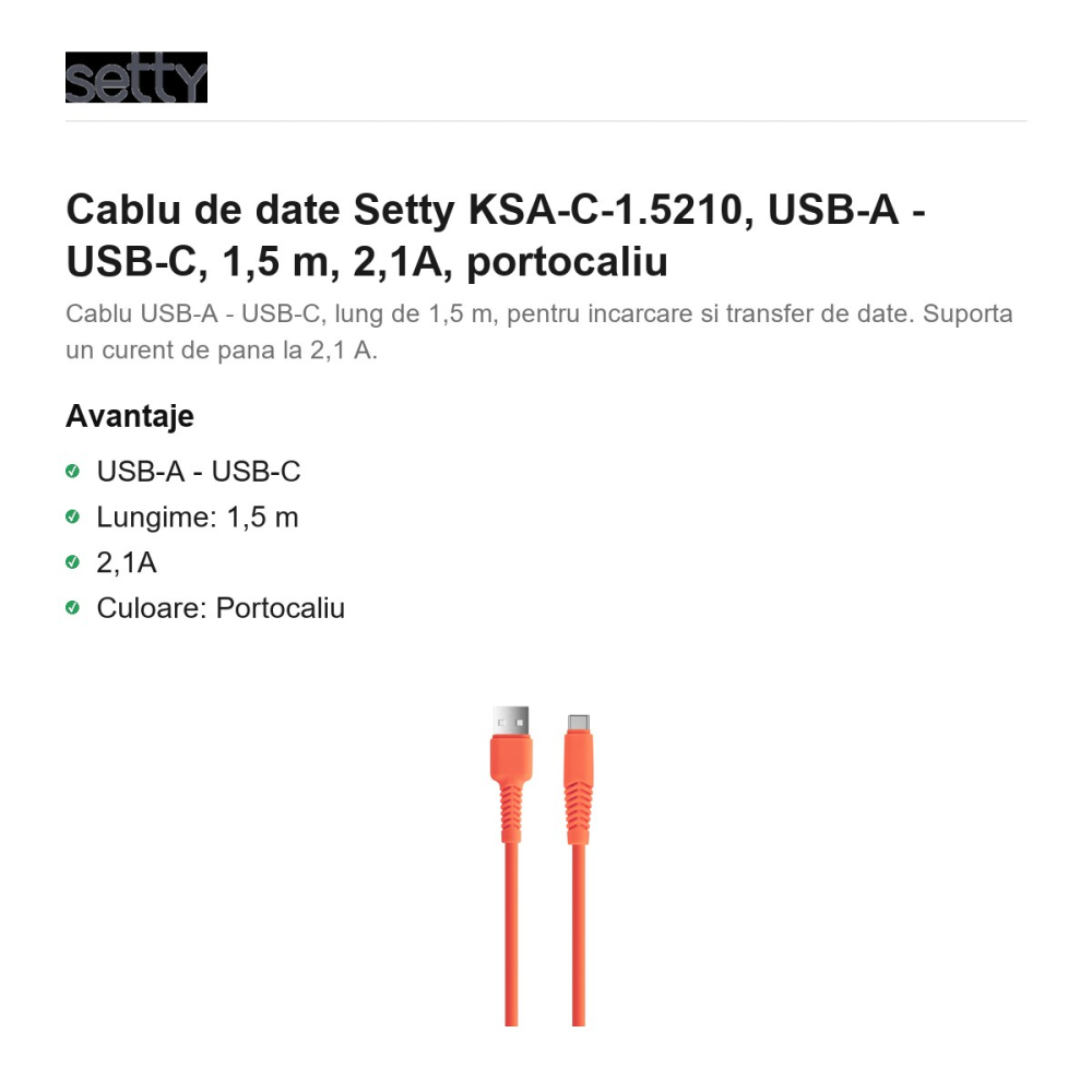 Cablu de date Setty KSA-C-1.5210, USB-A - USB-C, 1,5 m, 2,1A, portocaliu [2]