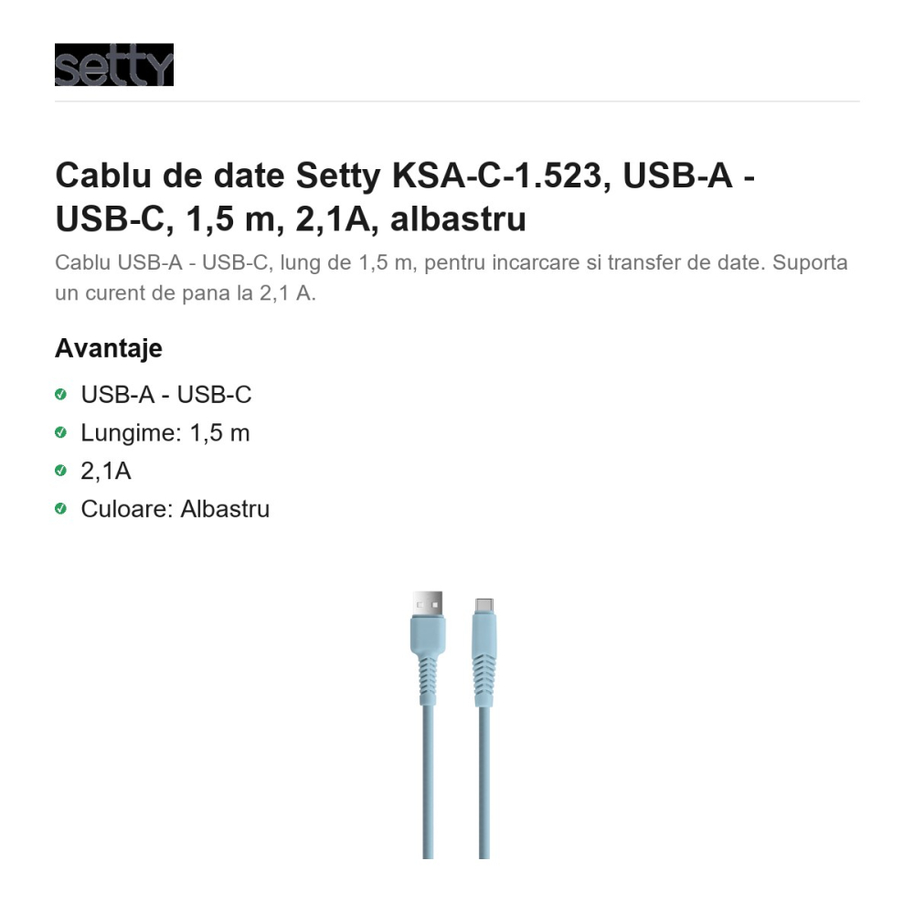 Cablu de date Setty KSA-C-1.523, USB-A - USB-C, 1,5 m, 2,1A, albastru [2]
