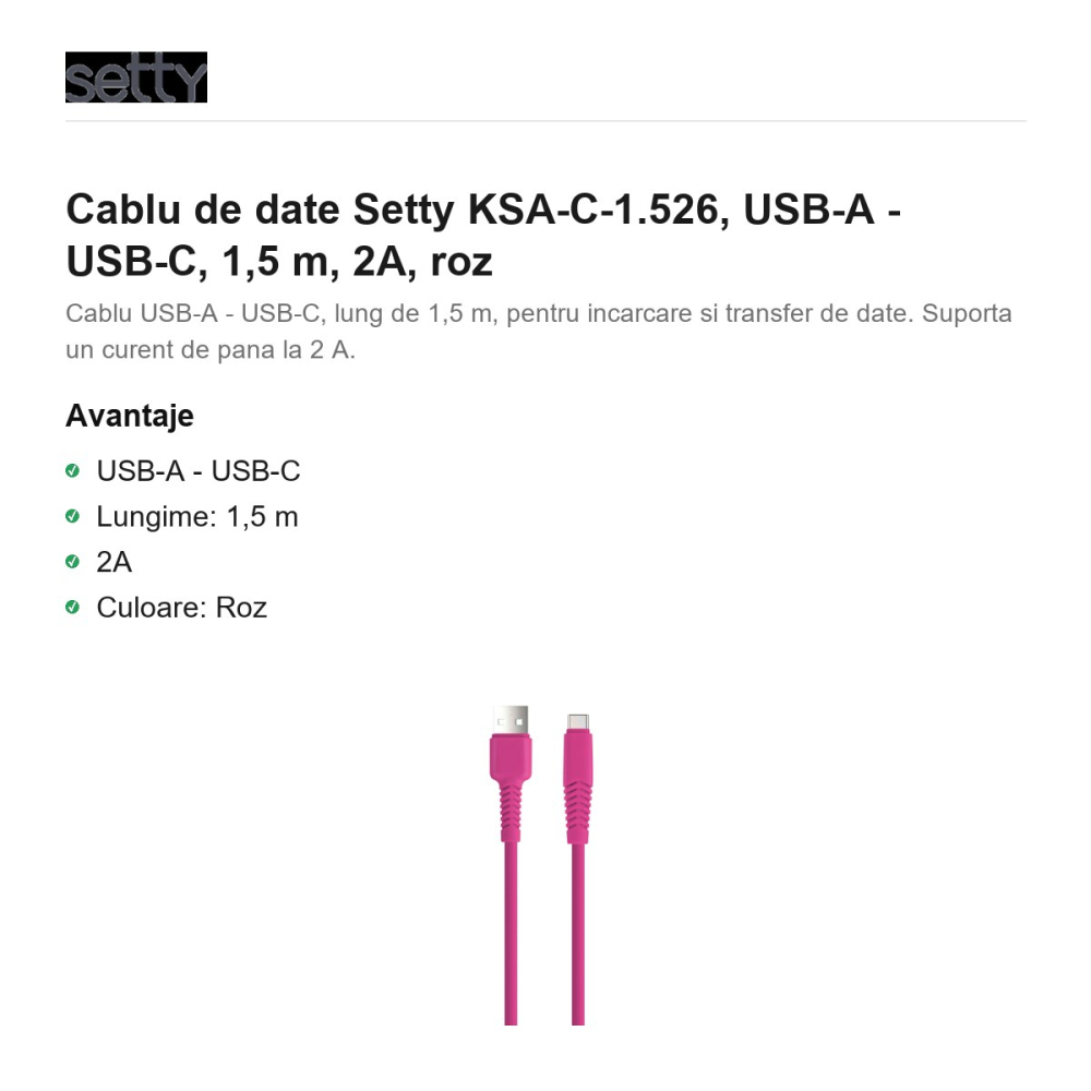 Cablu de date Setty KSA-C-1.526, USB-A - USB-C, 1,5 m, 2A, roz [2]