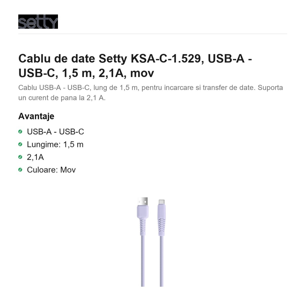 Cablu de date Setty KSA-C-1.529, USB-A - USB-C, 1,5 m, 2,1A, mov [2]