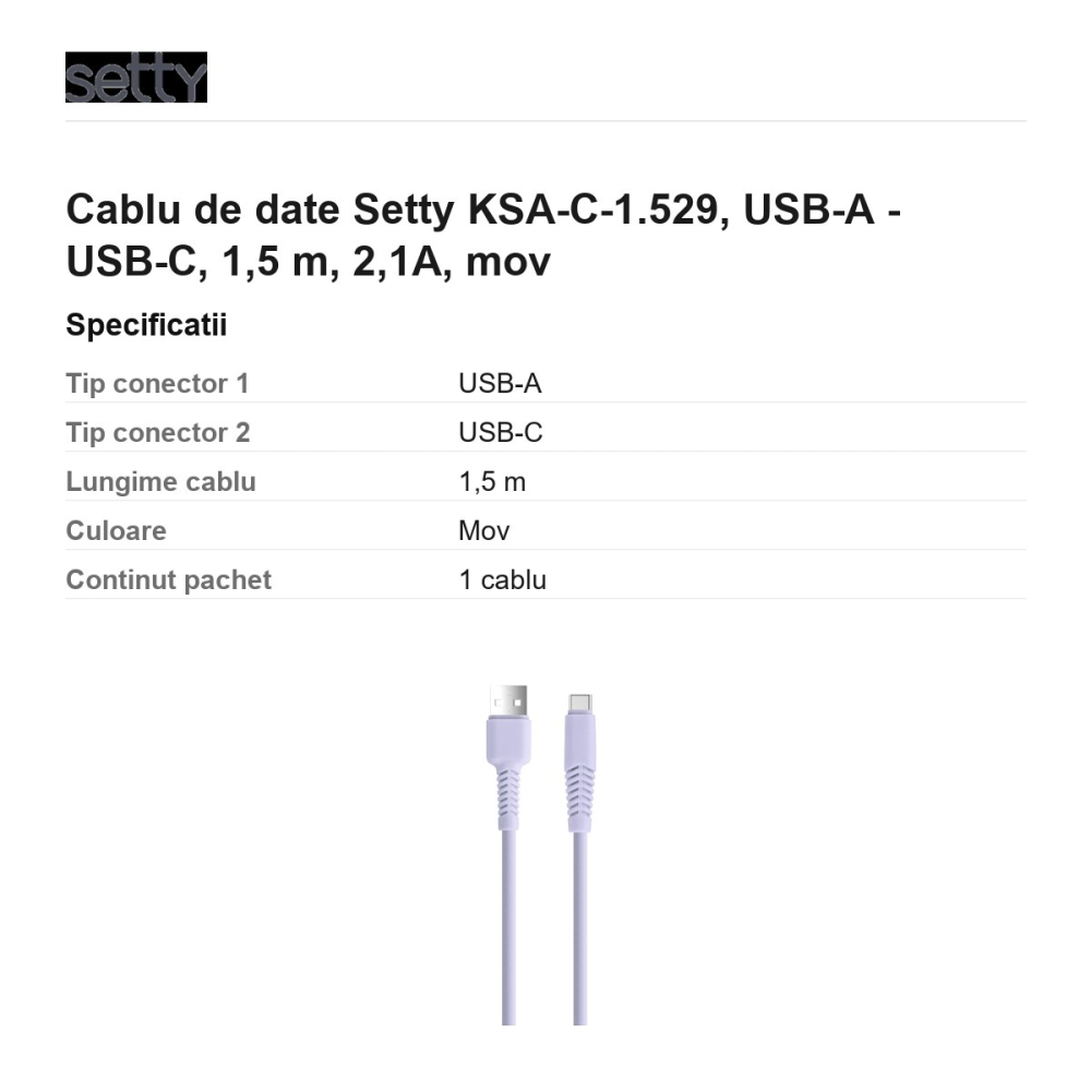 Cablu de date Setty KSA-C-1.529, USB-A - USB-C, 1,5 m, 2,1A, mov [3]