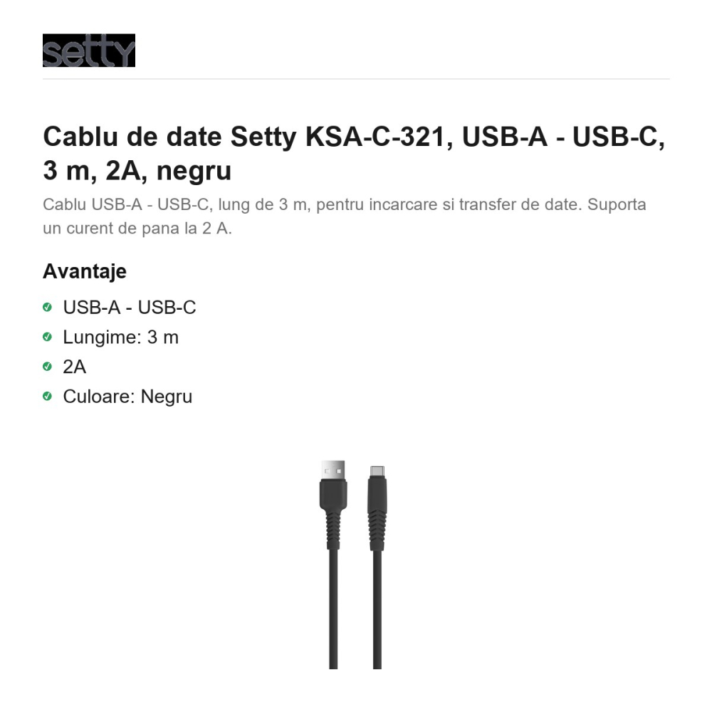 Cablu de date Setty KSA-C-321, USB-A - USB-C, 3 m, 2A, negru [2]