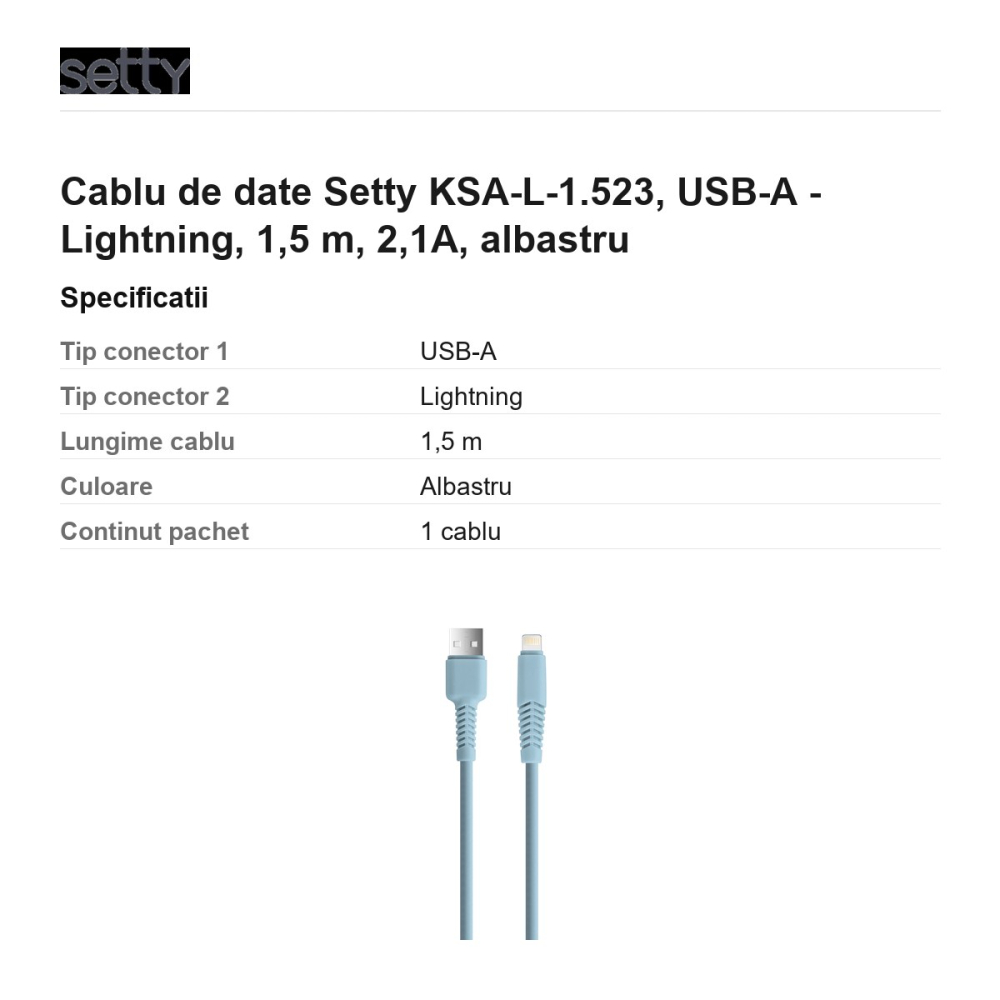 Cablu de date Setty KSA-L-1.523, USB-A - Lightning, 1,5 m, 2,1A, albastru [3]