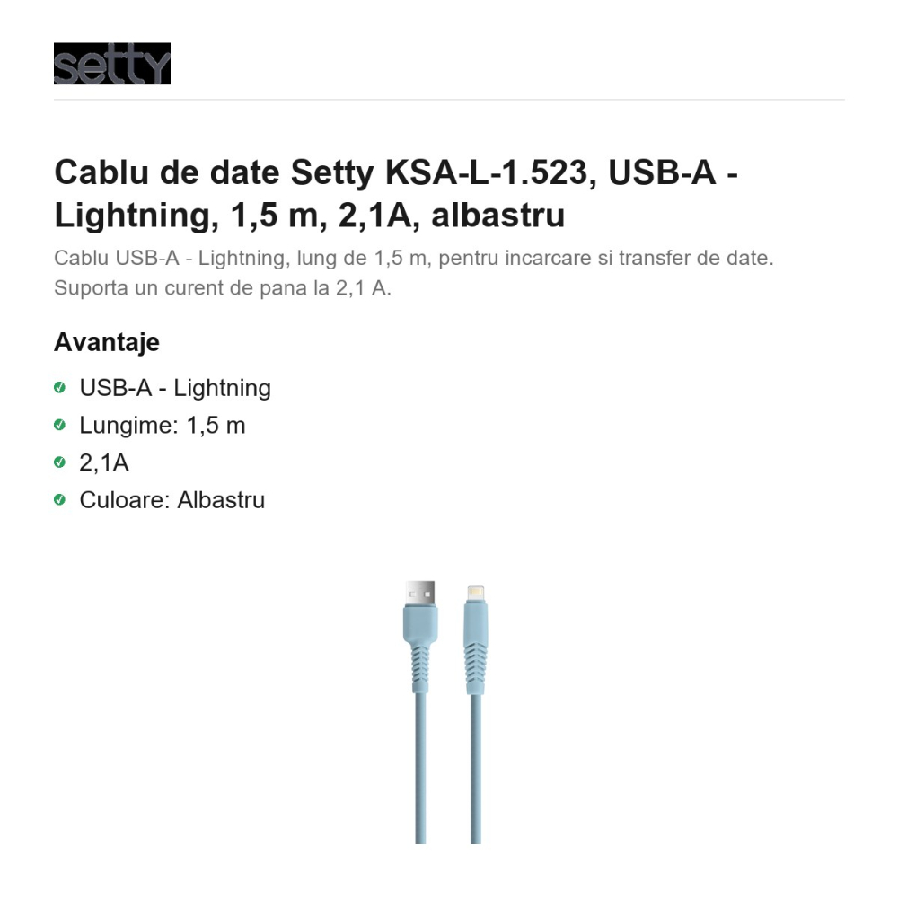 Cablu de date Setty KSA-L-1.523, USB-A - Lightning, 1,5 m, 2,1A, albastru [2]