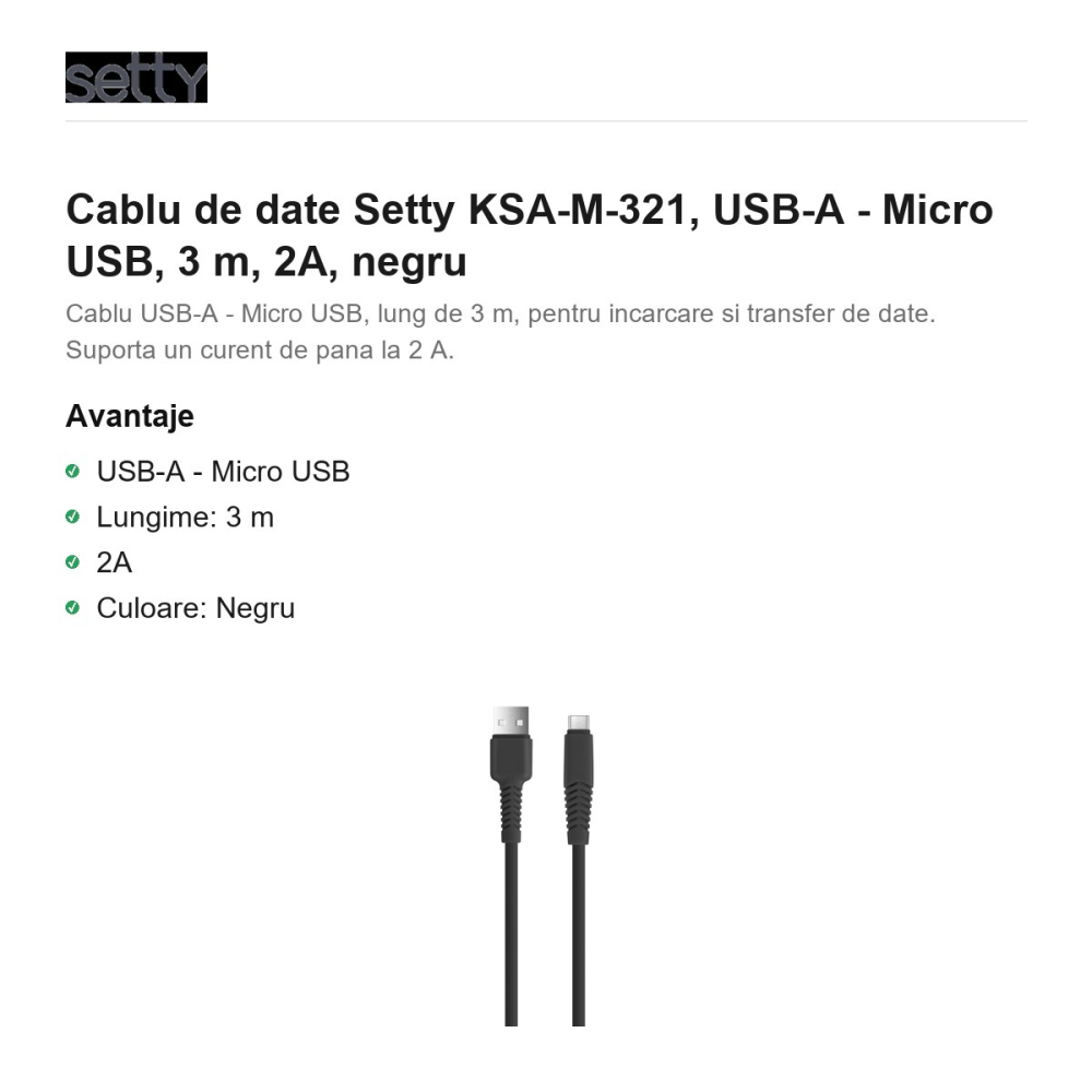 Cablu de date Setty KSA-M-321, USB-A - Micro USB, 3 m, 2A, negru [2]