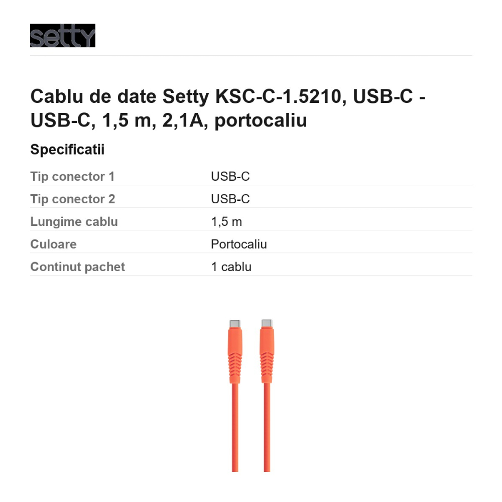 Cablu de date Setty KSC-C-1.5210, USB-C - USB-C, 1,5 m, 2,1A, portocaliu [3]