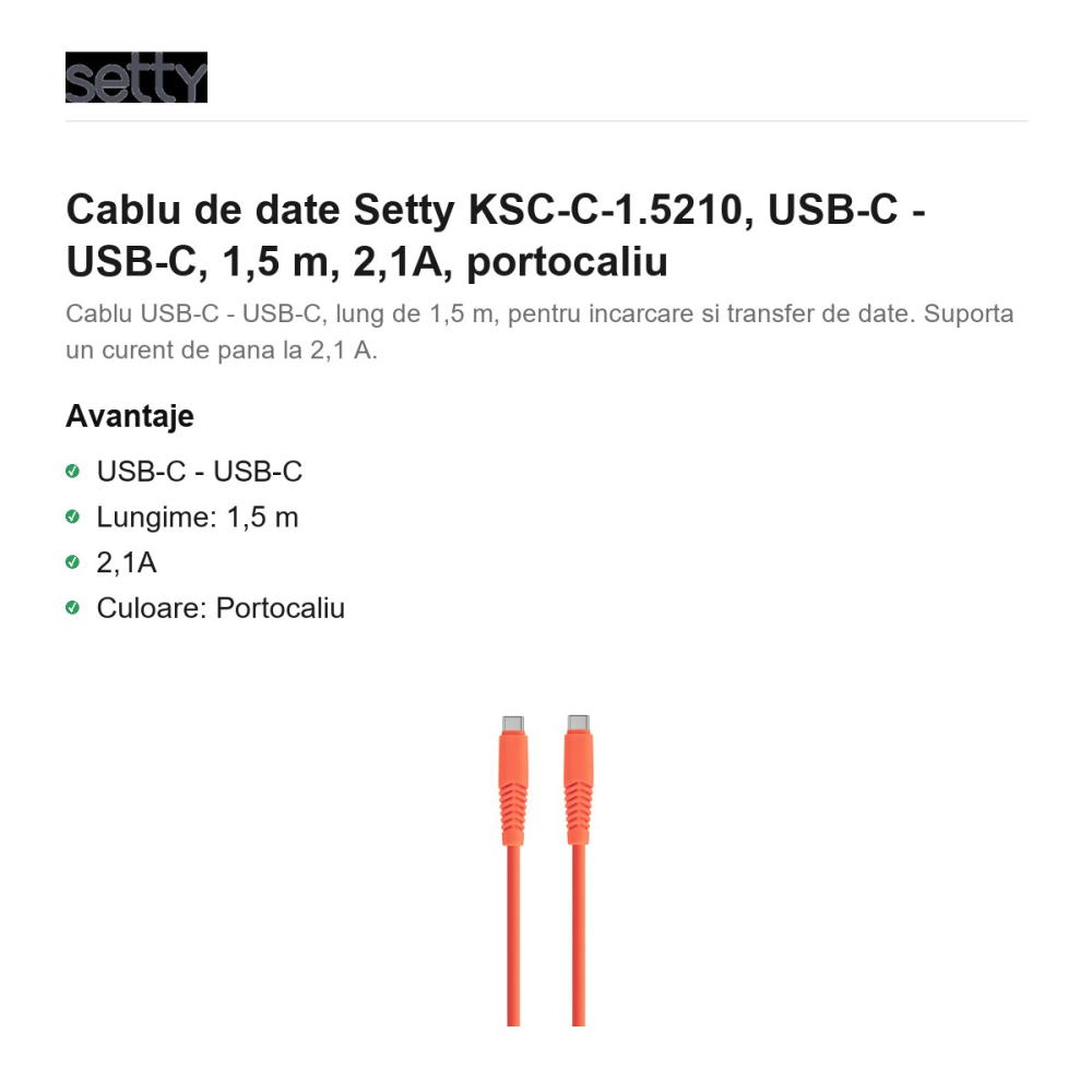 Cablu de date Setty KSC-C-1.5210, USB-C - USB-C, 1,5 m, 2,1A, portocaliu [2]