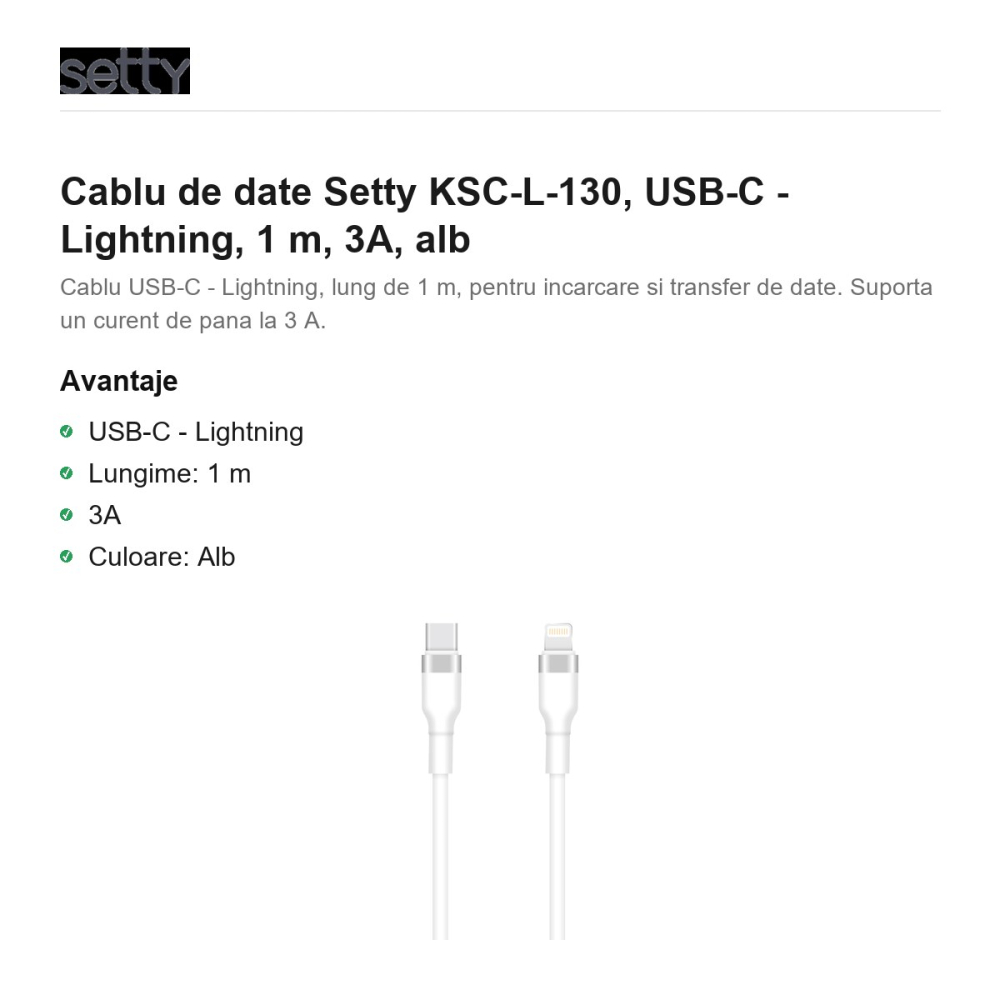 Cablu de date Setty KSC-L-130, USB-C - Lightning, 1 m, 3A, alb [2]