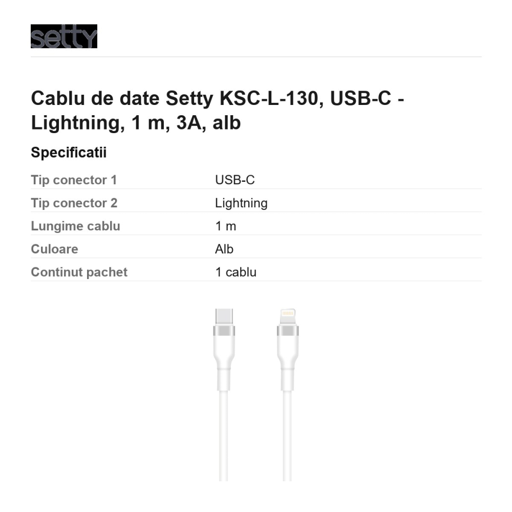 Cablu de date Setty KSC-L-130, USB-C - Lightning, 1 m, 3A, alb [3]