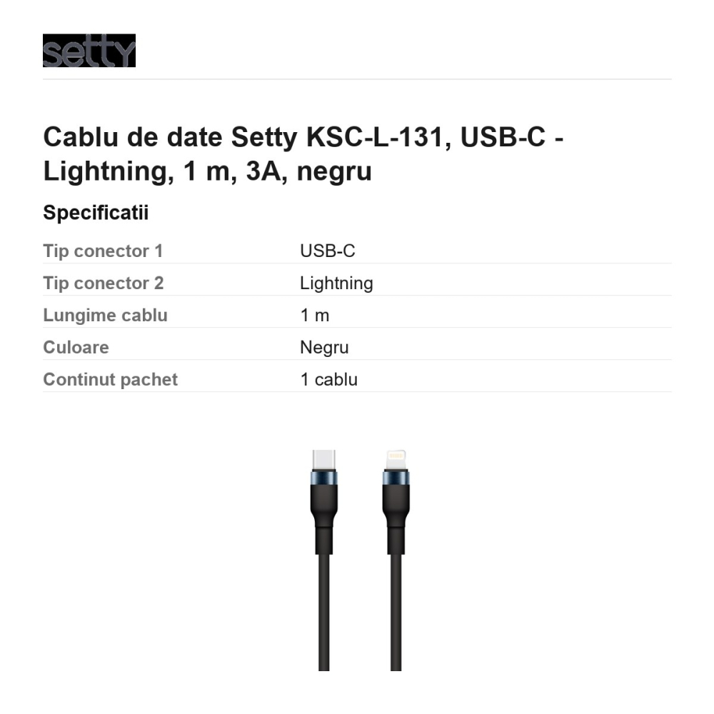 Cablu de date Setty KSC-L-131, USB-C - Lightning, 1 m, 3A, negru [3]