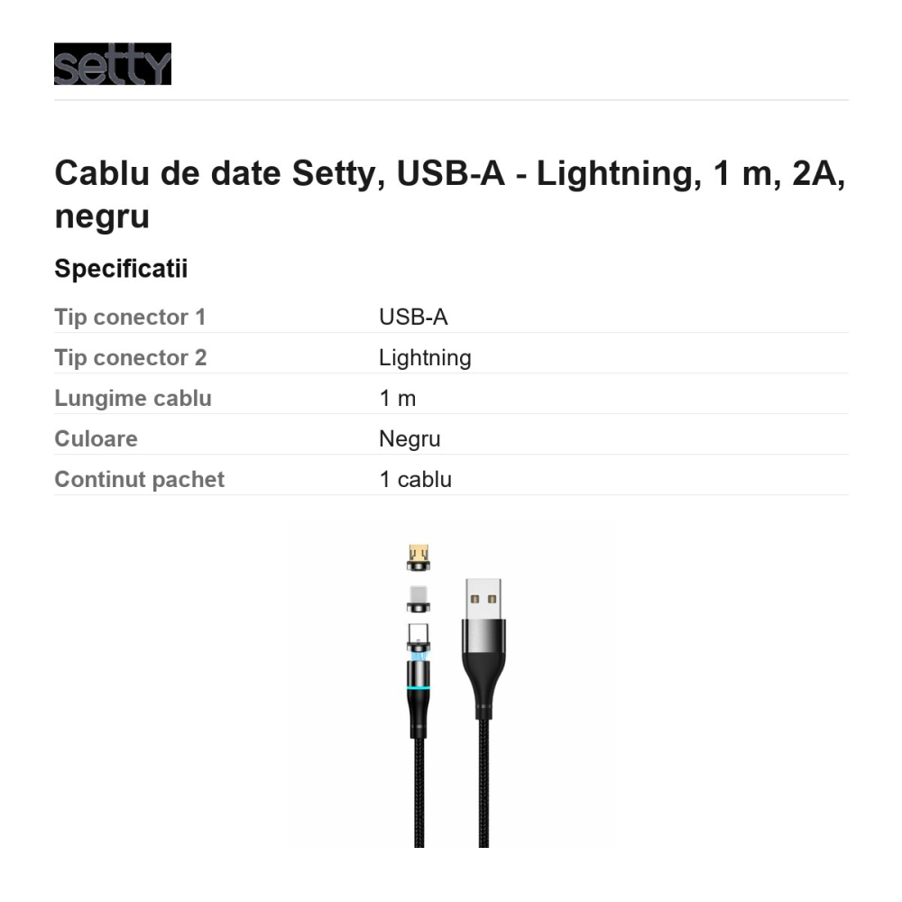 Cablu de date Setty, USB-A - Lightning, 1 m, 2A, negru [3]