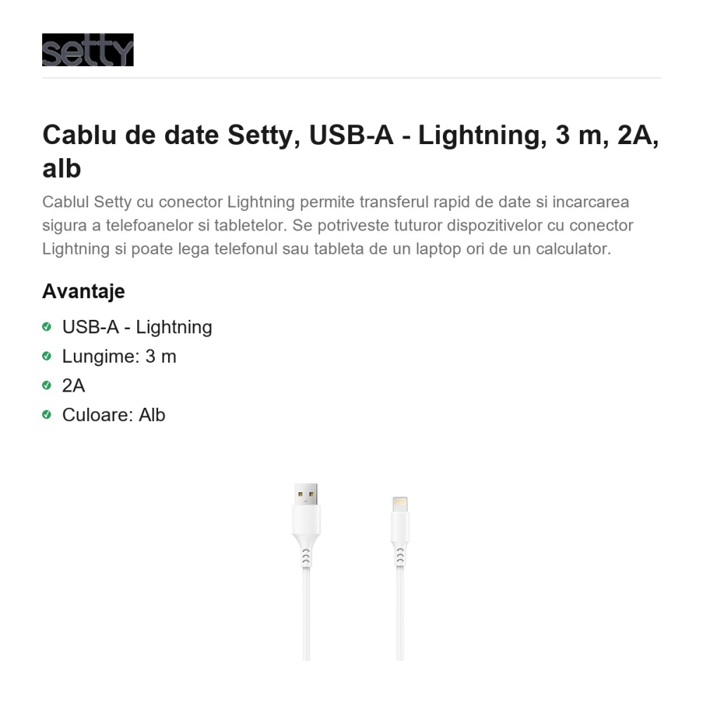 Cablu de date Setty, USB-A - Lightning, 3 m, 2A, alb [2]