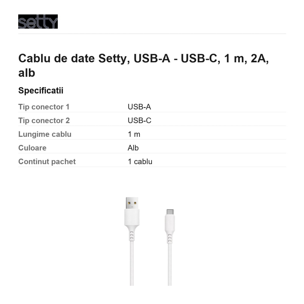Cablu de date Setty, USB-A - USB-C, 1 m, 2A, alb [3]