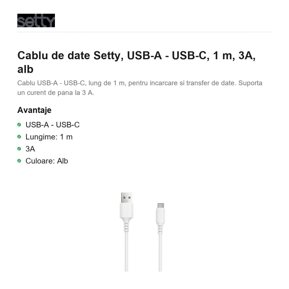 Cablu de date Setty, USB-A - USB-C, 1 m, 3A, alb [2]