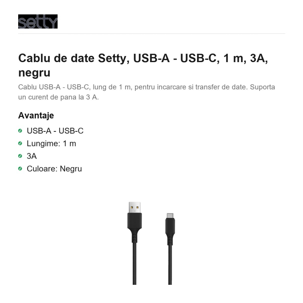 Cablu de date Setty, USB-A - USB-C, 1 m, 3A, negru [2]