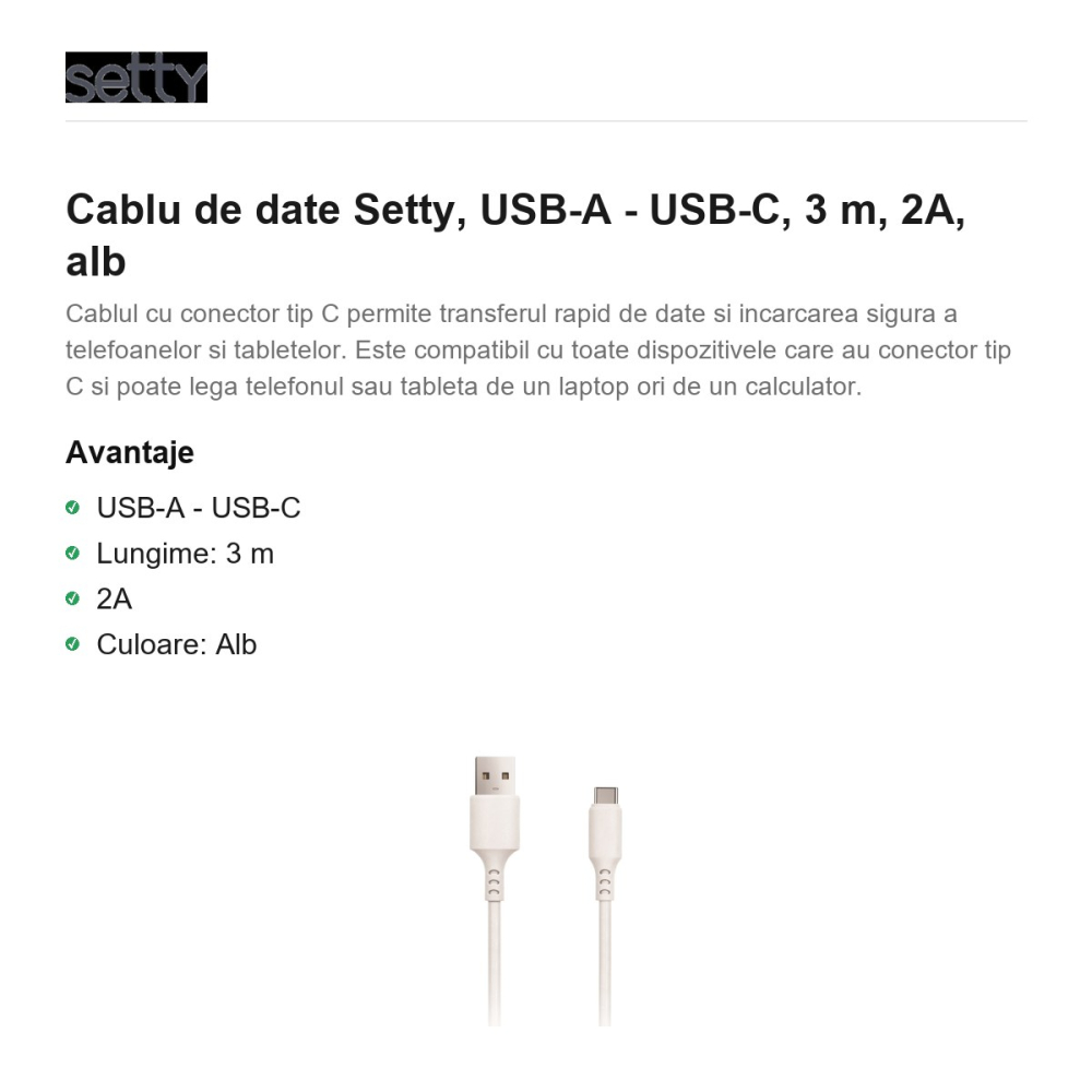 Cablu de date Setty, USB-A - USB-C, 3 m, 2A, alb [2]