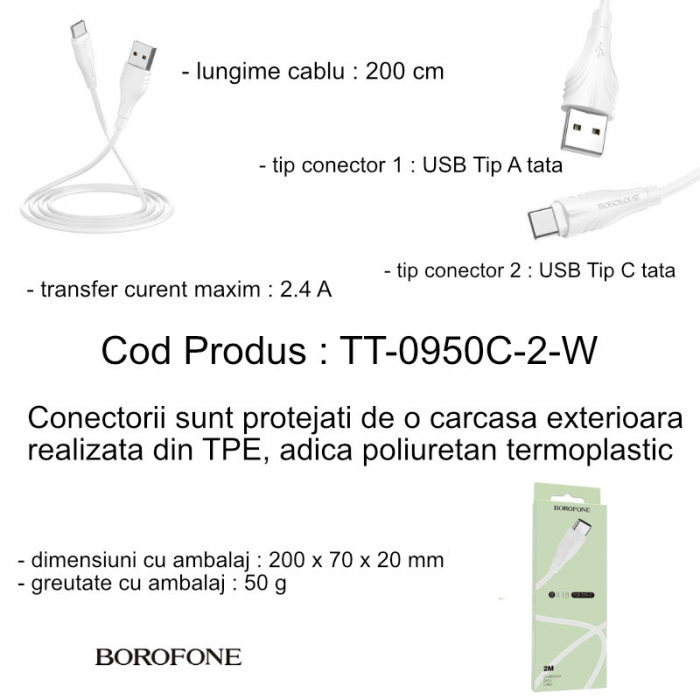 Cablu Date si Incarcare USB la USB Type-C Borofone Optimal BX18, 2 m, Alb [7]