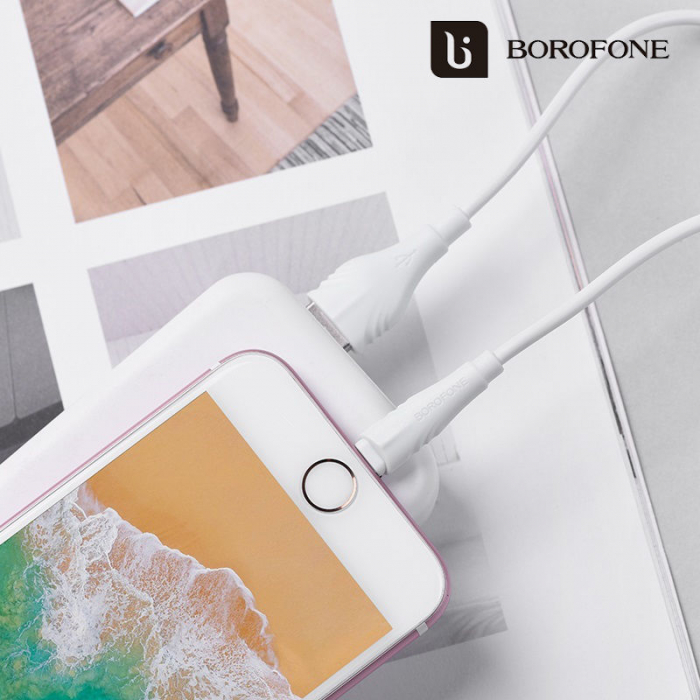 Cablu de date si alimentare, Borofone 70045 BX18, 2.4 A, conector USB Tip A tata la conector Tip Lightning, lungime 200 cm, alb [6]