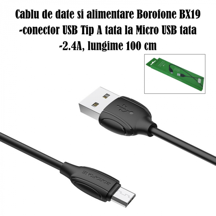 Cablu de date si alimentare, Borofone 70177, BX19, conector USB Tip A tata la Micro USB tata, 2.4A, lungime 100 cm, negru [5]