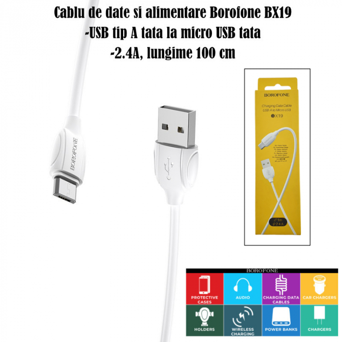 Cablu de date si alimentare, Borofone 70178, BX19, conector USB Tip A tata la Micro USB tata, 2.4A, lungime 100 cm, alb [4]