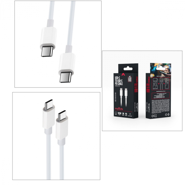 Cablu de date si alimentare, PD 100W, conectori USB Tip C tata la USB Tip C tata, Maxlife, lungime 100 cm, in blister, alb [5]