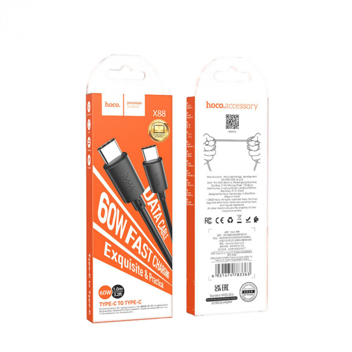 Cablu de date si alimentare premium, PD60W, conectori USB Tip C tata la USB Tip C tata, HOCO X88, lungime 100 cm, Negru [3]