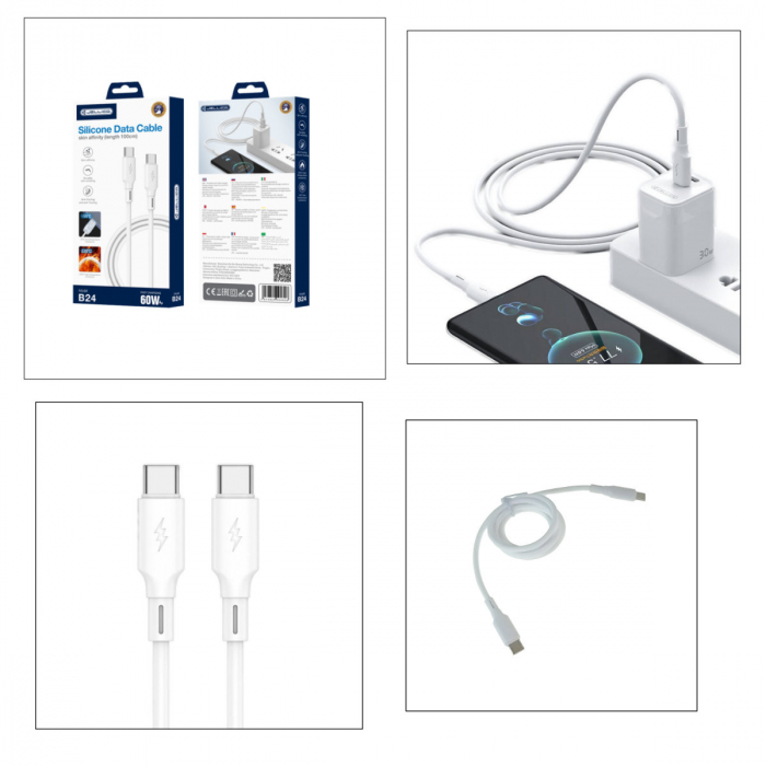 Cablu de date si alimentare premium, PD60W, conectori USB Tip C tata la USB Tip C tata, JELLICO B24, lungime 100 cm, Alb [5]