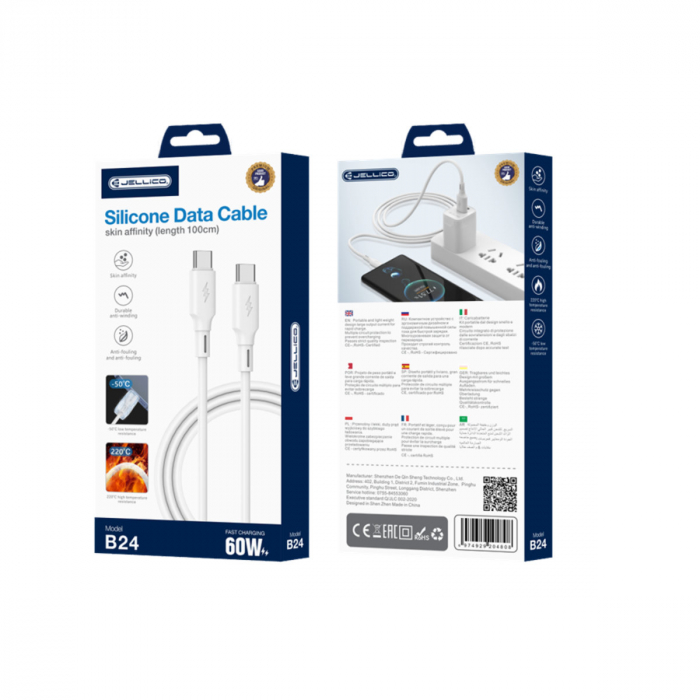 Cablu de date si alimentare premium, PD60W, conectori USB Tip C tata la USB Tip C tata, JELLICO B24, lungime 100 cm, Alb [3]