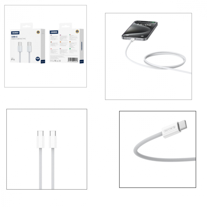 Cablu de date si alimentare premium, PD60W, conectori USB Tip C tata la USB Tip C tata, JELLICO IP15, lungime 100 cm, Alb [5]