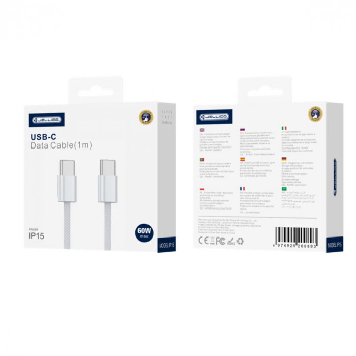 Cablu de date si alimentare premium, PD60W, conectori USB Tip C tata la USB Tip C tata, JELLICO IP15, lungime 100 cm, Alb [3]