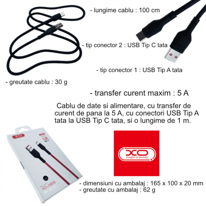 Cablu de date si alimentare, XO-NB55 89975, 5 A, conector USB la USB Tip C tata, lungime 100 cm, negru [6]