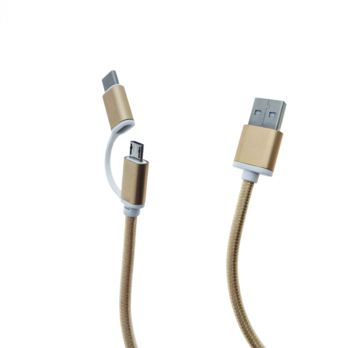 Cablu de date si incarcare 2 in 1, cu conectori USB Tip A tata la USB Tip C tata si Micro USB tata, 1m, auriu [4]