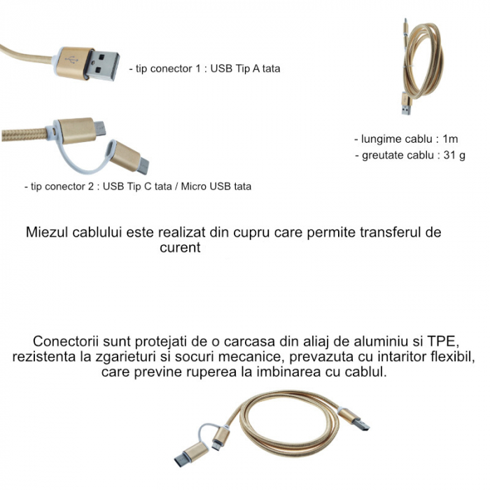 Cablu de date si incarcare 2 in 1, cu conectori USB Tip A tata la USB Tip C tata si Micro USB tata, 1m, auriu [5]