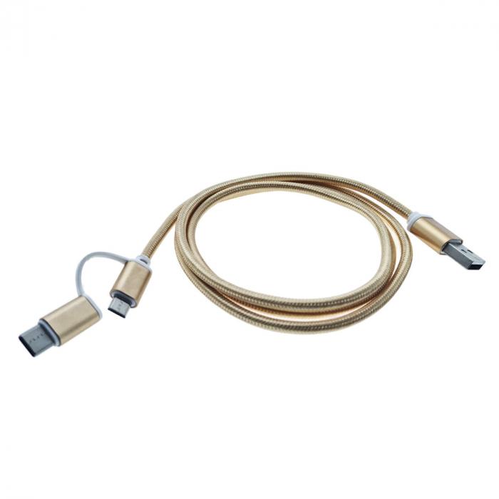 Cablu de date si incarcare 2 in 1, cu conectori USB Tip A tata la USB Tip C tata si Micro USB tata, 1m, auriu [2]