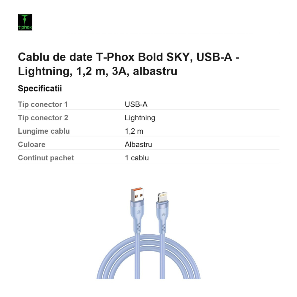 Cablu de date T-Phox Bold SKY, USB-A - Lightning, 1,2 m, 3A, albastru [3]