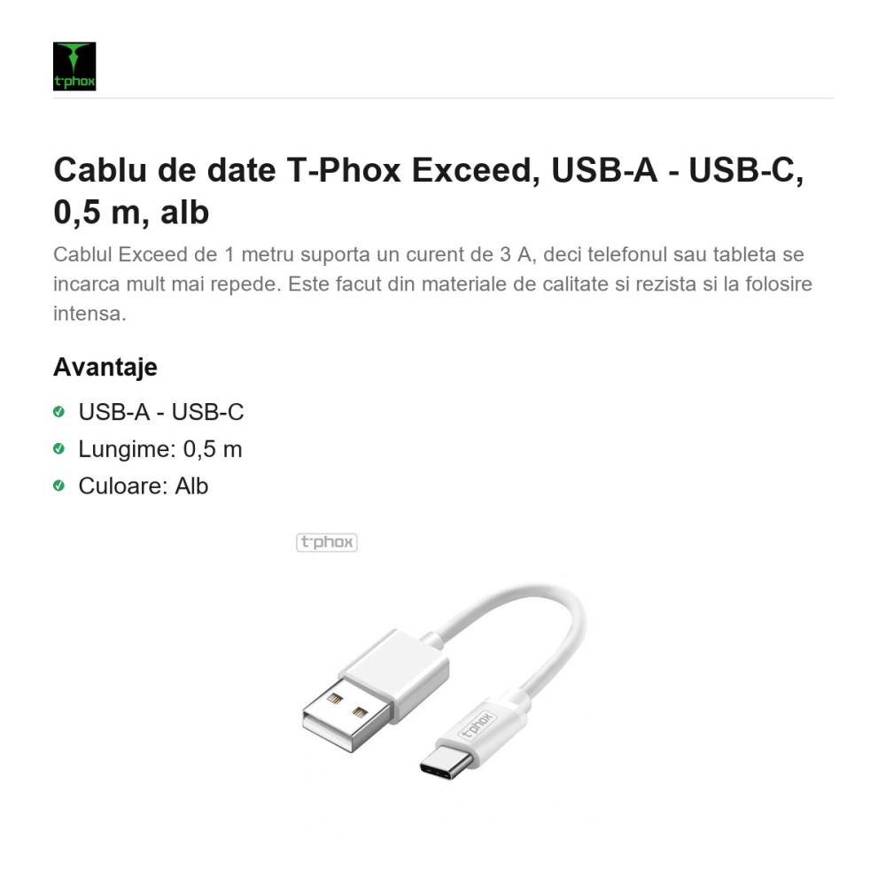 Cablu de date T-Phox Exceed, USB-A - USB-C, 0,5 m, alb [2]