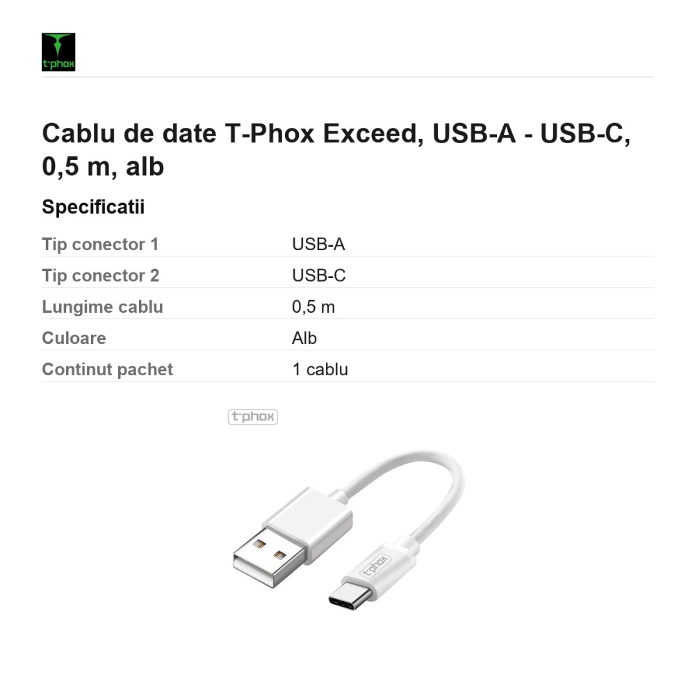 Cablu de date T-Phox Exceed, USB-A - USB-C, 0,5 m, alb [3]