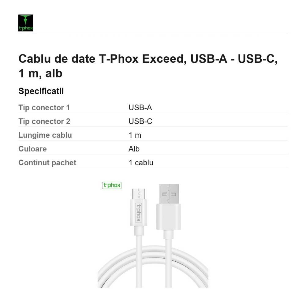 Cablu de date T-Phox Exceed, USB-A - USB-C, 1 m, alb [3]