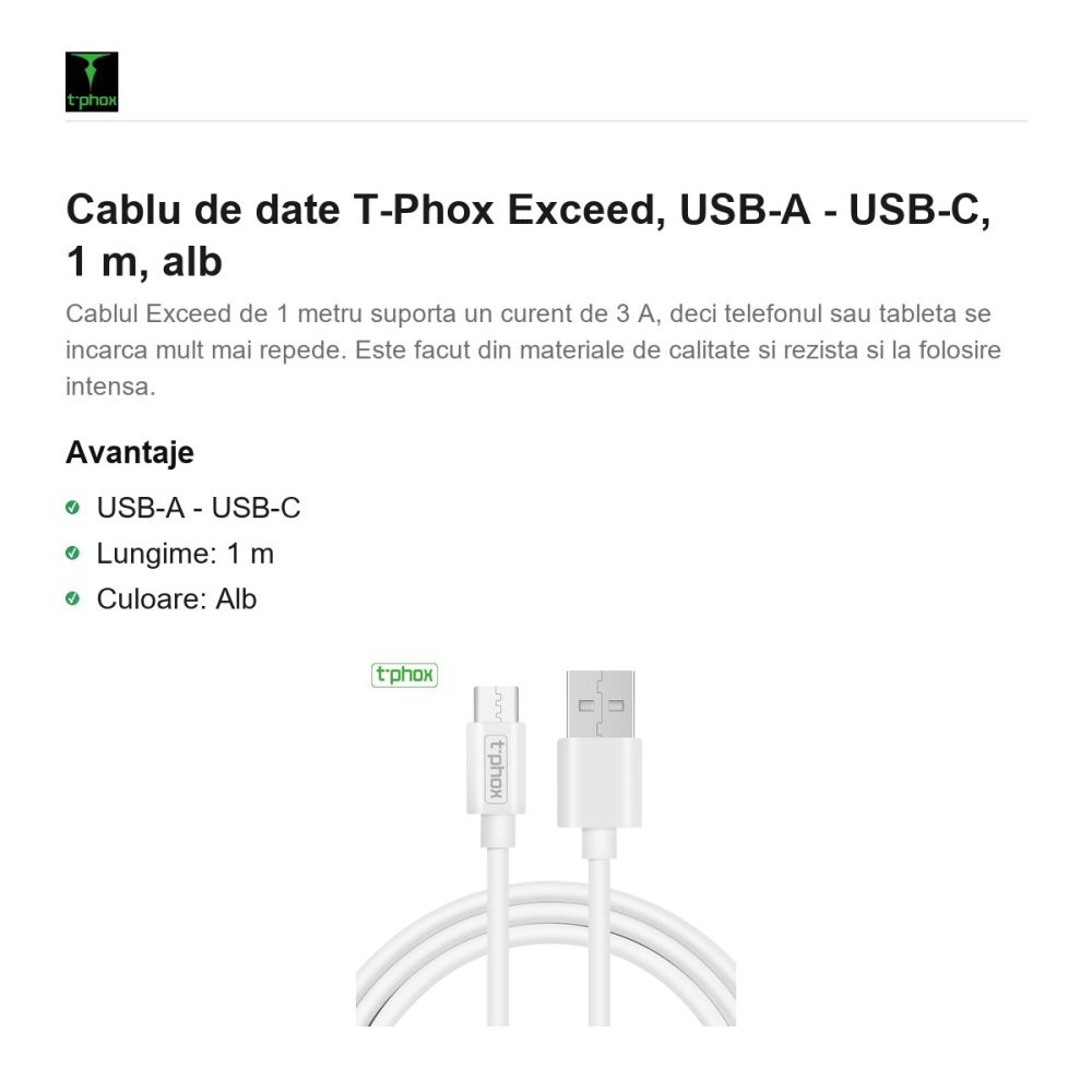 Cablu de date T-Phox Exceed, USB-A - USB-C, 1 m, alb [2]